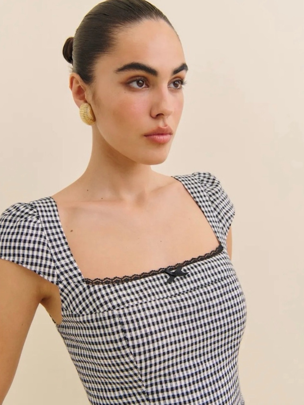Reformation Black & White Gingham Square-Neck Mini Dress - Picture 2 of 4